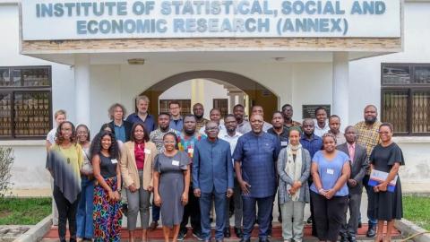 Photo of summer school participants in front of the ISSER building, University of Ghana